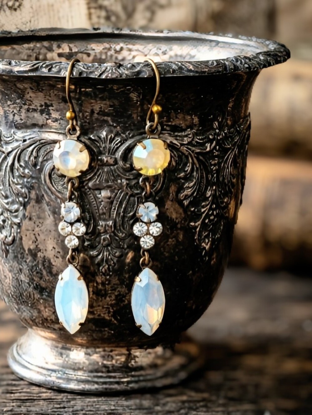 White Opal AB Swarovski Crystals In Three Tier Bridal Sparkling Brass Earrings